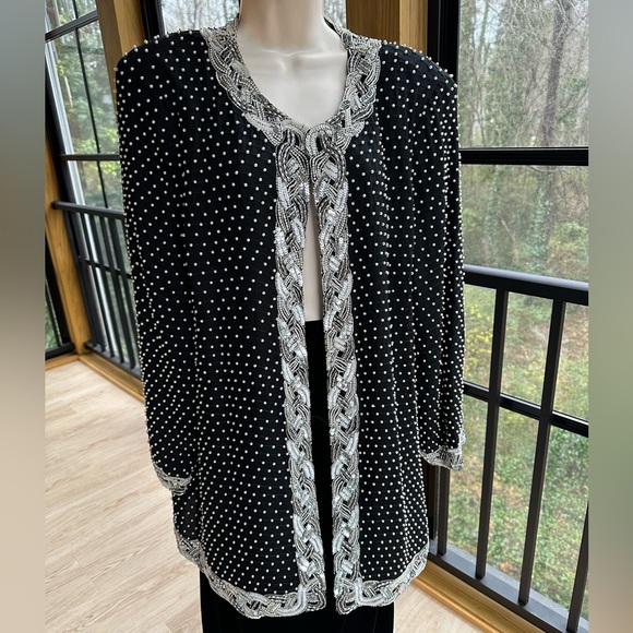 Vintage Pearl & Sequin Black Silk Jacket Open-Front or Hook & Eye Closure ~ 2X - Picture 9 of 17